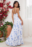 Spaghetti Straps Blue Floral Print Bridesmaid Dress