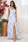 Spaghetti Straps Blue Floral Print Bridesmaid Dress