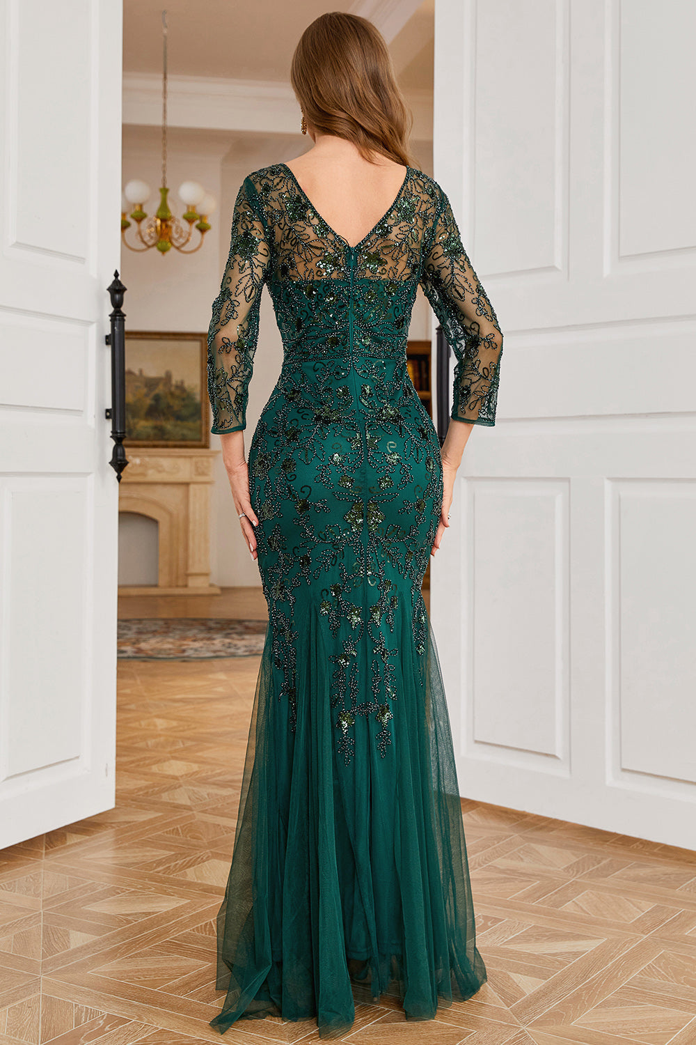 Leely Women Formal Evening Gowns Beading Mother of Bride Dress Dark Green Long Sleeves Sheath Party Dress leelyuk