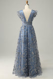 A Line Deep V Neck Grey Blue Wedding Party Dress with Embroidery