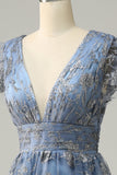 A Line Deep V Neck Grey Blue Wedding Party Dress with Embroidery