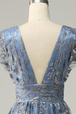 A Line Deep V Neck Grey Blue Wedding Party Dress with Embroidery
