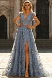Deep V Neck A Line Grey Blue Wedding Party Dress with Embroidery
