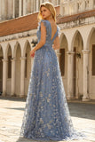 Deep V Neck A Line Grey Blue Wedding Party Dress with Embroidery
