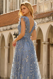 Deep V Neck A Line Grey Blue Wedding Party Dress with Embroidery