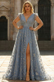 A Line Deep V Neck Grey Blue Wedding Party Dress with Embroidery