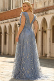 Deep V Neck A Line Grey Blue Wedding Party Dress with Embroidery