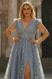 A Line Deep V Neck Grey Blue Wedding Party Dress with Embroidery
