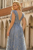 A Line Deep V Neck Grey Blue Wedding Party Dress with Embroidery