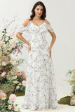 Blue Cold Shoulder Floral Print Maxi Bridesmaid Dress