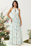 Blue Floral Boho Long Chiffon Bridesmaid Dress
