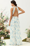 Blue Floral Boho Long Chiffon Bridesmaid Dress