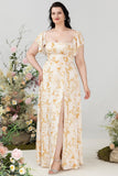 Yellow Flower A Line Off The Shoulder Chiffon Plus Size Bridesmaid Dress with Ruffles