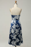 Ink Blue Mermaid Ruched Satin Print Midi Wedding Guest Dress