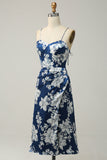 Ink Blue Mermaid Ruched Satin Print Midi Wedding Guest Dress