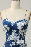 Ink Blue Mermaid Ruched Satin Print Midi Wedding Guest Dress