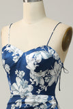 Ink Blue Mermaid Ruched Satin Print Midi Wedding Guest Dress