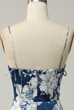 Ink Blue Mermaid Ruched Satin Print Midi Wedding Guest Dress