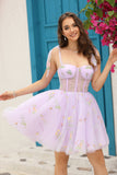 A Line Spaghetti Straps Black Short Prom Dress with Appliques