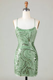 Spaghetti Straps Green Sheath Printed Short Prom Dress