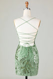 Spaghetti Straps Green Sheath Printed Short Prom Dress