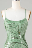 Spaghetti Straps Green Sheath Printed Short Prom Dress