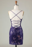 Sparkly Sheath Spaghetti Straps Dark Purple Short Prom Dress with Criss Cross Back