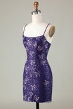 Sparkly Sheath Spaghetti Straps Dark Purple Short Prom Dress with Criss Cross Back