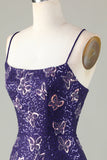 Sparkly Sheath Spaghetti Straps Dark Purple Short Prom Dress with Criss Cross Back
