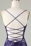 Sparkly Sheath Spaghetti Straps Dark Purple Short Prom Dress with Criss Cross Back