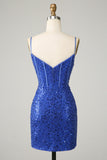 Sparkly Royal Blue Bodycon Spaghetti Straps Cocktail Dress