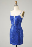Sparkly Royal Blue Bodycon Spaghetti Straps Cocktail Dress