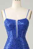 Sparkly Royal Blue Bodycon Spaghetti Straps Cocktail Dress