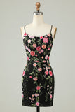 Black Bodycon Spaghetti Straps Cocktail Dress With Appliques