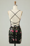 Black Bodycon Spaghetti Straps Cocktail Dress With Appliques