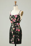 Black Bodycon Spaghetti Straps Cocktail Dress With Appliques