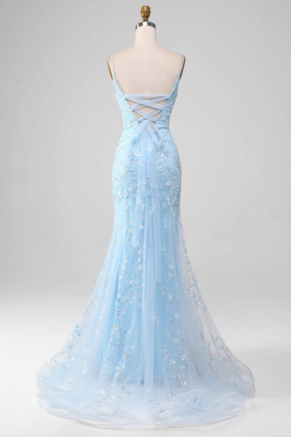 Leely Women Light Blue Sparkly Beaded Mermaid Long Prom Dress Spaghetti