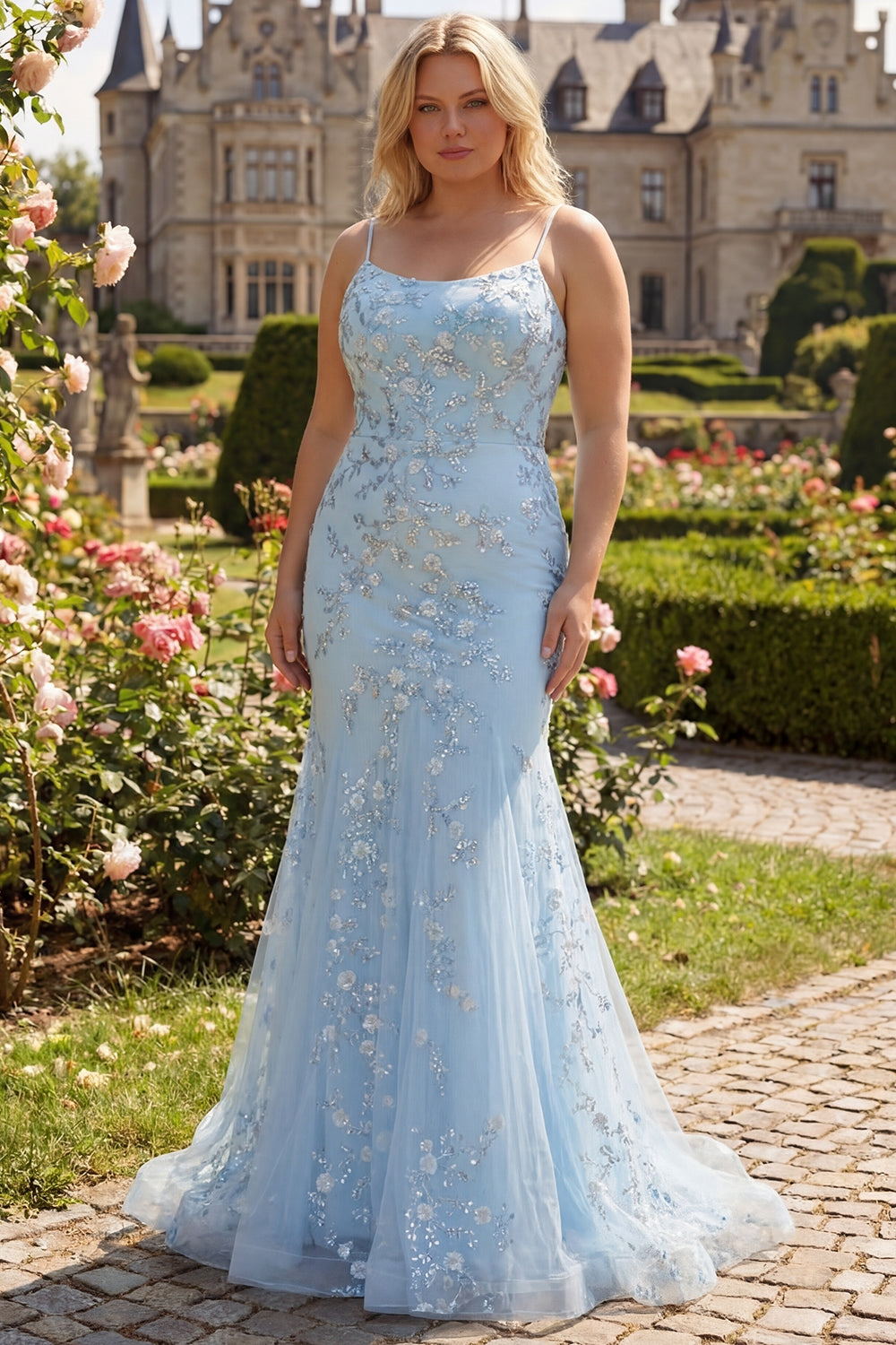 Leely Women Sparkly Plus Size Light Blue Beaded Mermaid Long Prom Dress