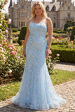 Sparkly Light Blue Plus Size Beaded Mermaid Long Prom Dress