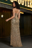 Sparkly Golden Mermaid Long Fringed Prom Dress With Slit