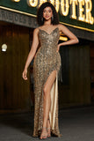 Sparkly Mermaid Golden Long Prom Dress with Slit