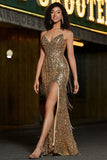 Sparkly Golden Mermaid Long Fringed Prom Dress With Slit