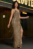 Sparkly Golden Mermaid Long Fringed Prom Dress With Slit