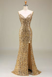 Sparkly Golden Mermaid Long Fringed Prom Dress With Slit