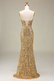 Sparkly Golden Mermaid Long Fringed Prom Dress With Slit