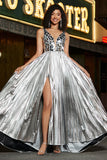 Sparkly A Line Deep V-Neck Golden Long Prom Dress with Split Front