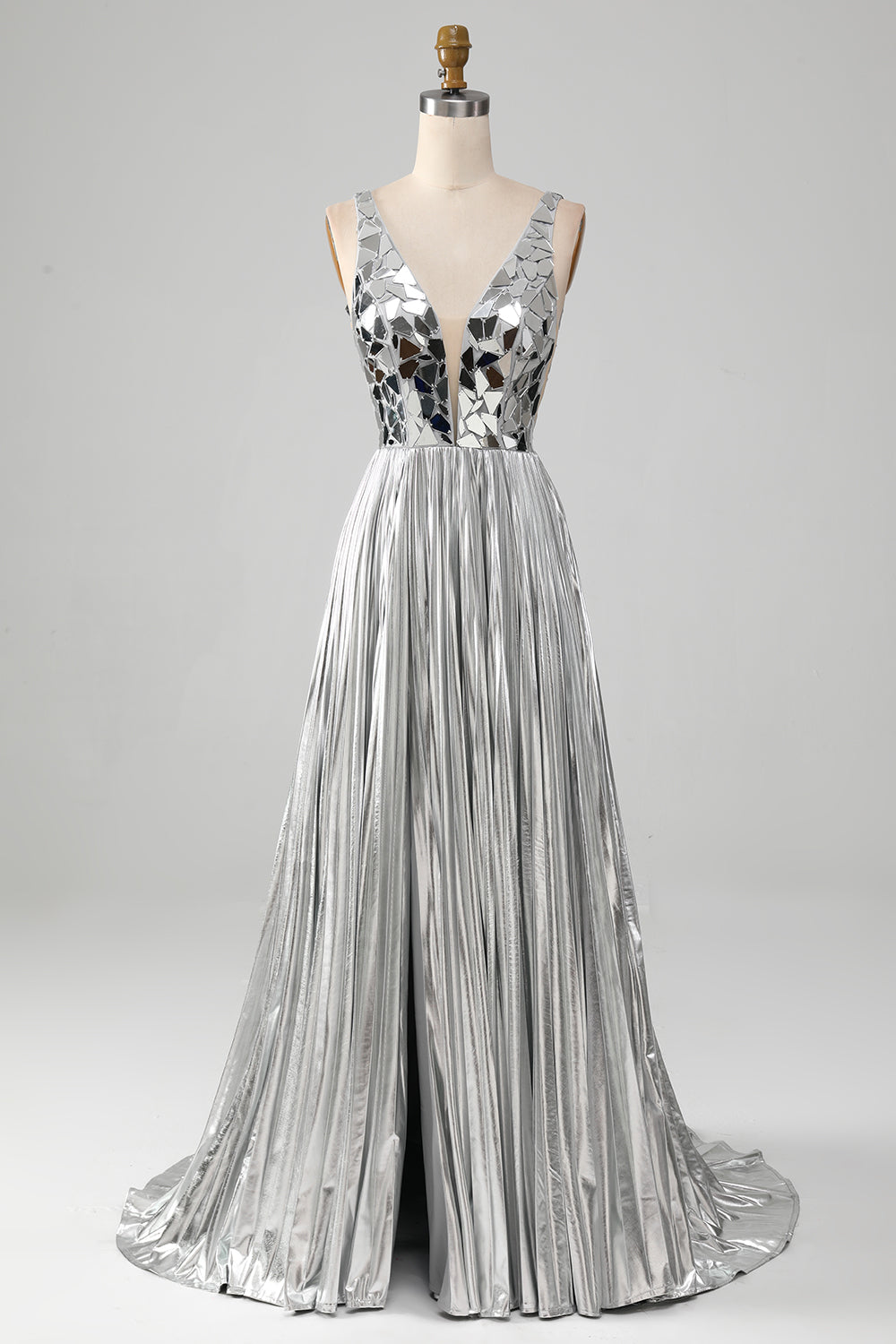 Leely Women Glitter Silver Long Prom Dress A Line V Neck Formal Dress With Slit leelyuk Leely Women Glitter Silver Long Prom Dress A Line V Neck Formal Dress With Slit leelyuk
