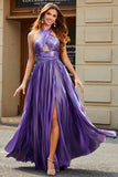 Sparkly Dark Purple Halter A Line Long Prom Dress With Pleated