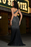 Sparkly Black Mermaid One Shoulder Long Corset Prom Dress With Slit