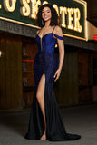 Sparkly Navy Mermaid Long Corset Beaded Prom Dress With Slit